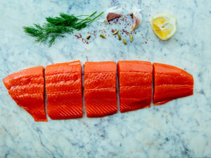 salmon filet sliced in five pieces